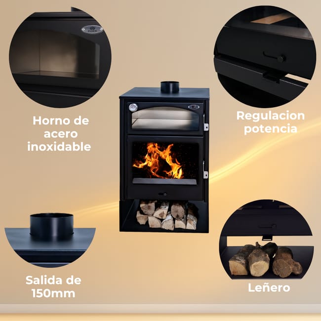 Estufa de Leña con Horno + Convertidor a pellets